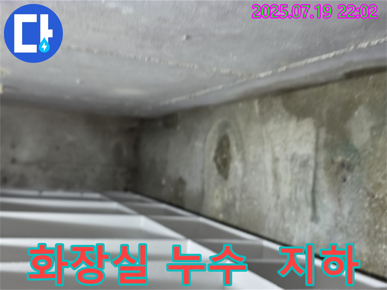 김포 마산동 상가 지하 화장실 누수 - 화장실 천장에서 누수가 발생하여 물이 떨어지는 모습