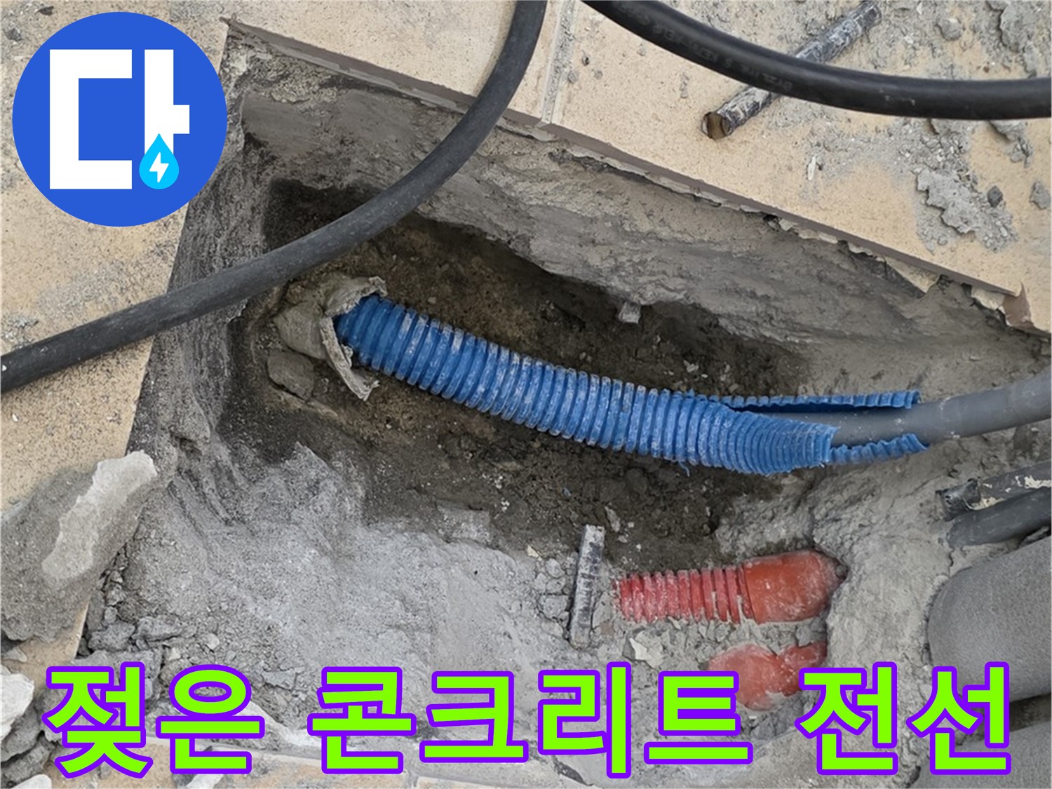 양주 삼숭동 자이아파트 누수 - 굴착 후 젖은 콘크리트와 꼬불거리는 파란 전선관이 뿅!