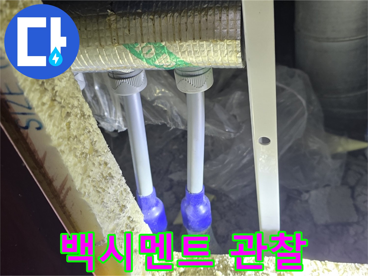 양주 자이 아파트 누수 - 배관 연결 부위 주변 백시멘트 변색 및 들뜸 현상 집중 관찰
