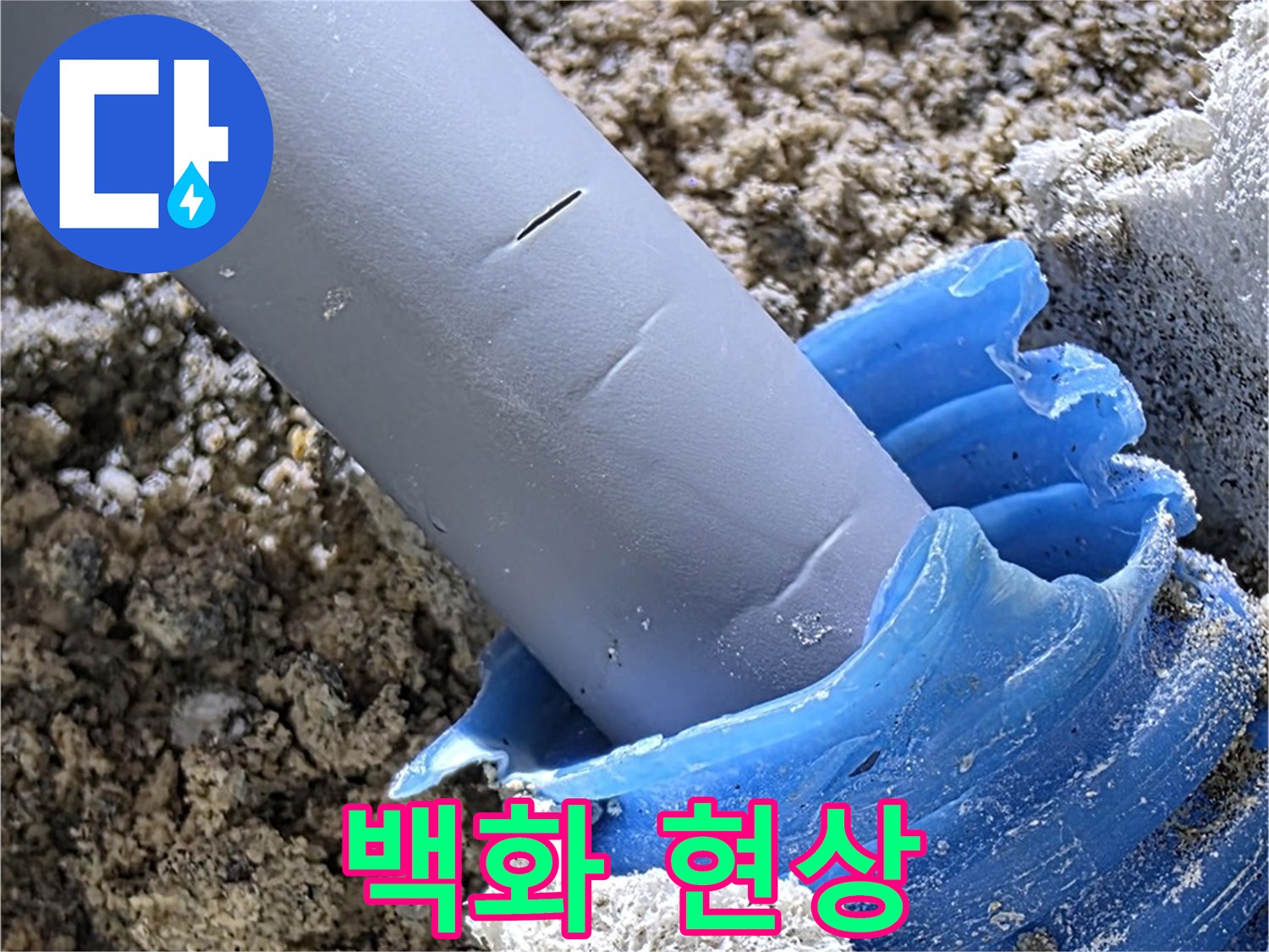 양주 자이아파트 누수 - 배관 주변 백화 현상을 확인하고 있습니다 - 오래된 누수 흔적.