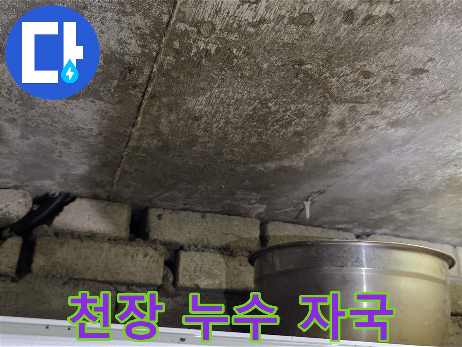 원일아파트 누수 - 천장에 뚜렷하게 남은 누수 자국과 물받이 양동이가 놓여 있습니다.