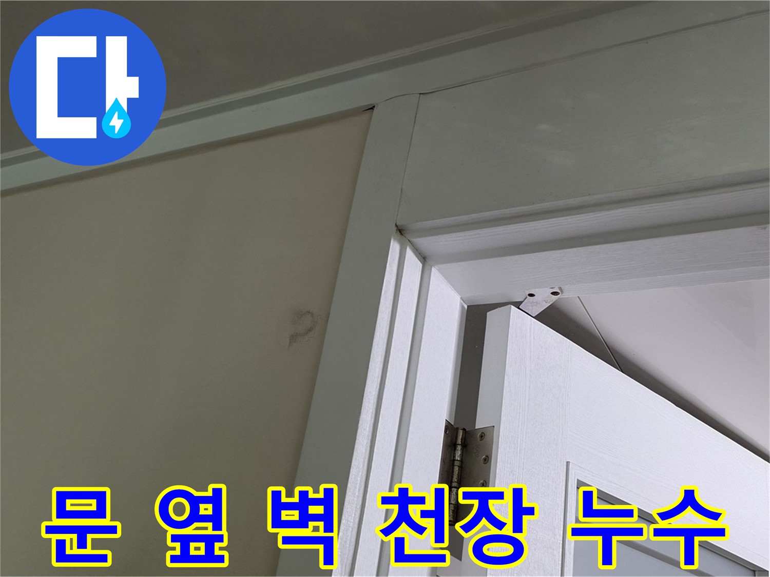 문 옆 벽과 천장에서 발견된 누수 흔적 - 벽과 천장의 연결 부위를 중심으로 누수 원인을 꼼꼼하게 진단합니다.