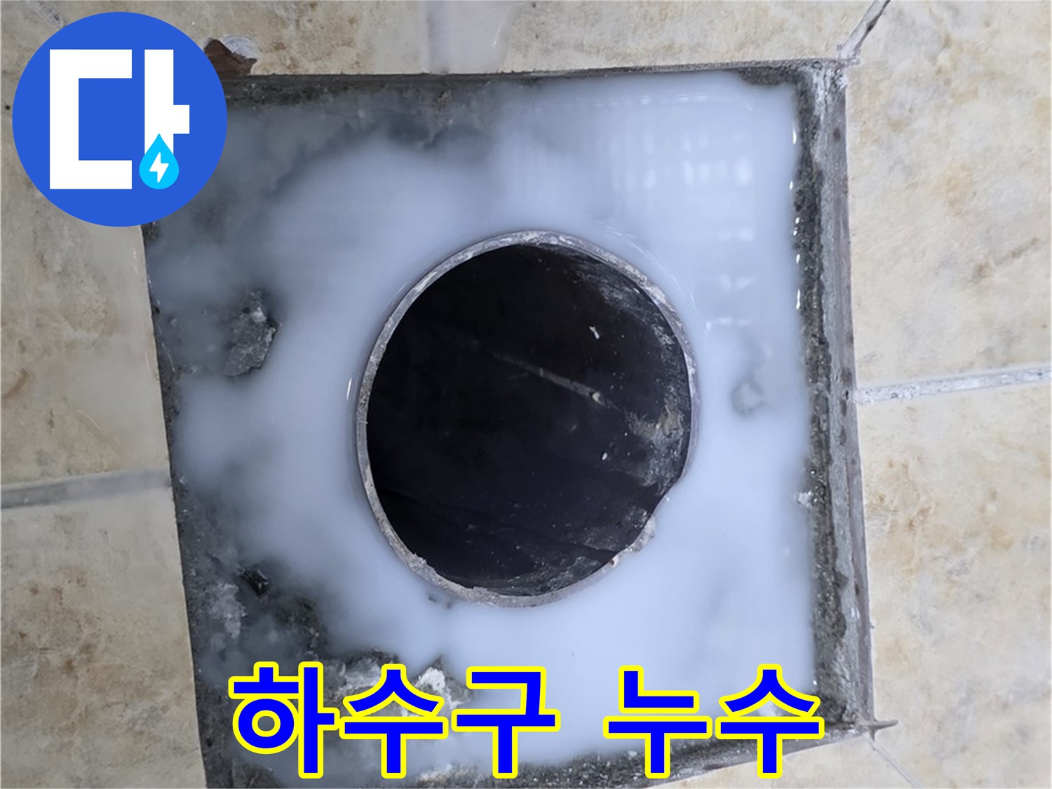 세탁실 하수구 주변 백시멘트 오염 - 묵동 누수 현장에서 발견된 누수 의심 지점입니다.