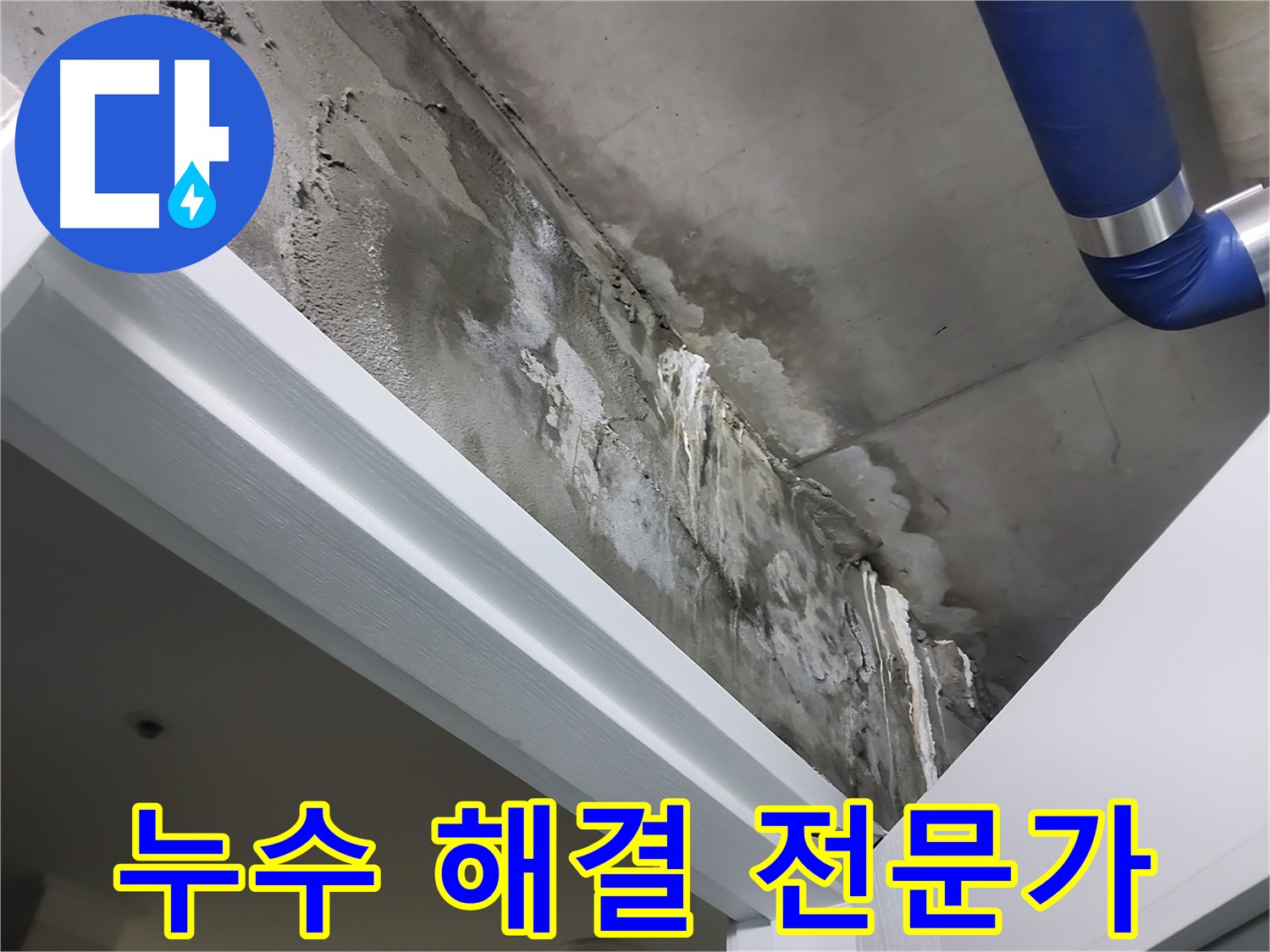 누수 해결 전문가 - 문 위 천장 누수 해결을 위해 전문 장비를 사용하는 모습입니다.