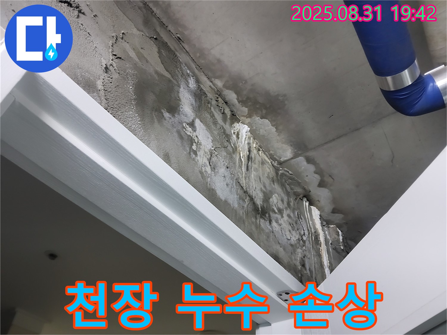 천장 누수 - 누수로 인한 손상 - 누수로 인해 천장이 젖고 손상된 모습입니다.