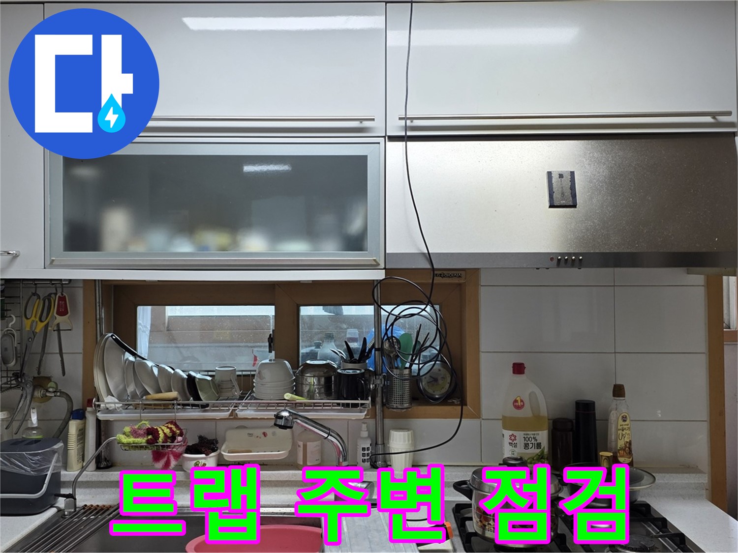 장안동 르.메이에르 누수 - 주방 싱크대 배수 트랩 주변 누수를 집중적으로 점검하고 있습니다.