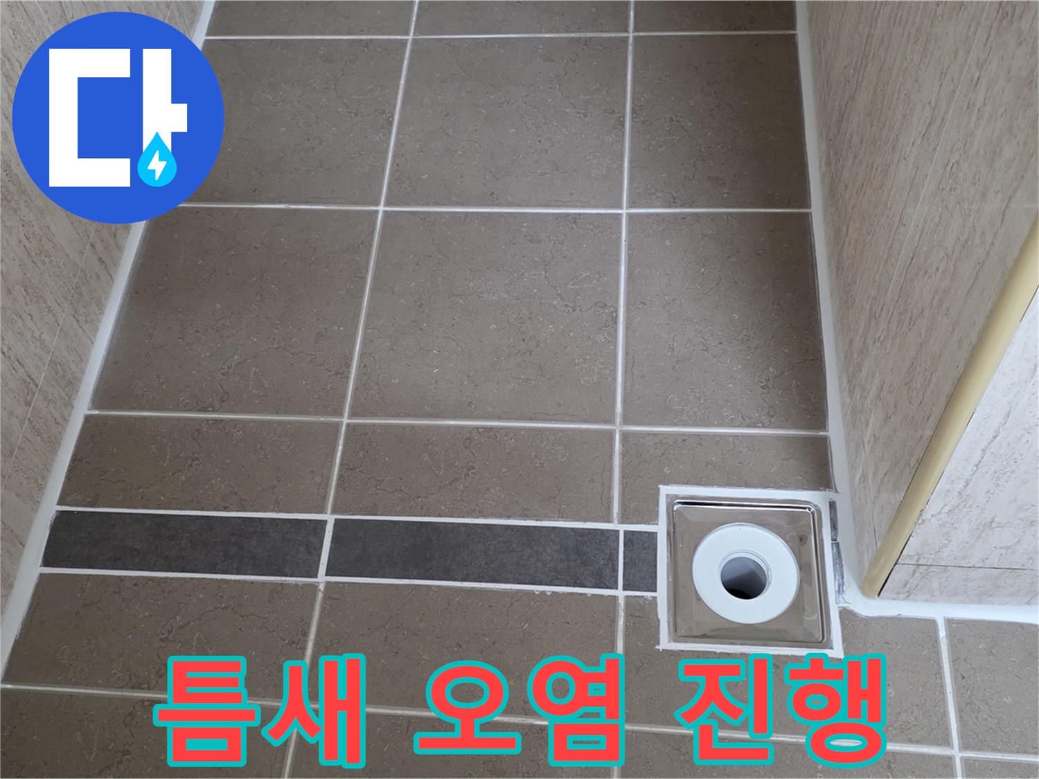 배수구 주변 타일 틈새 - 오염 진행 중