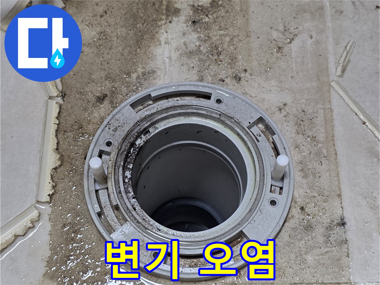 변기 주변의 심각한 오염 상태 - 누수로 인해 곰팡이와 물때가 심하게 발생한 모습입니다.