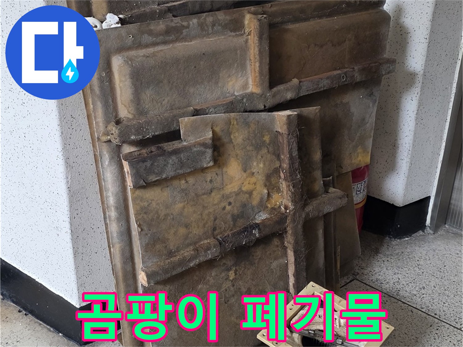 폐기될 석고보드와 조명 - 곰팡이로 뒤덮인 모습