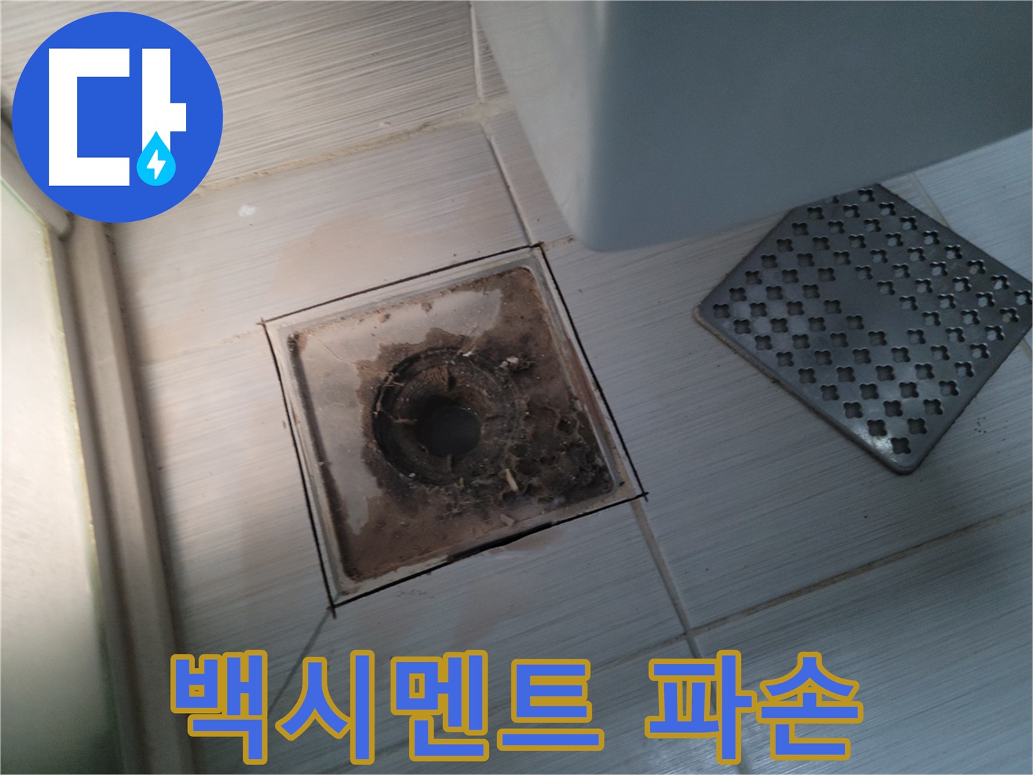 욕실 배수구 주변 - 백시멘트 파손 - 누수 가능성이 높아요, 점검 필수