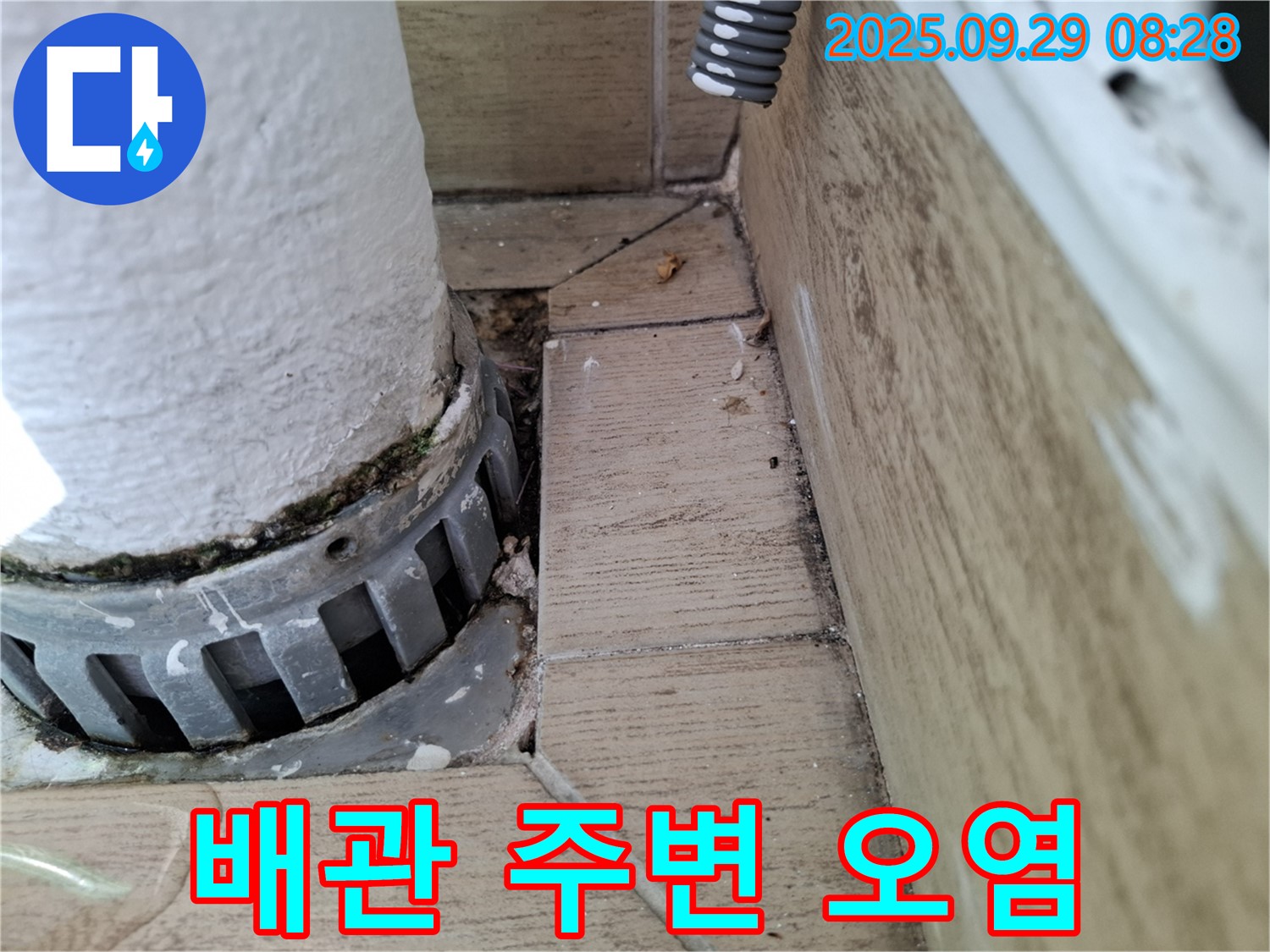양주시 광적면 우고리 누수 - 배관 주변 오염 및 백시멘트 손상 확인