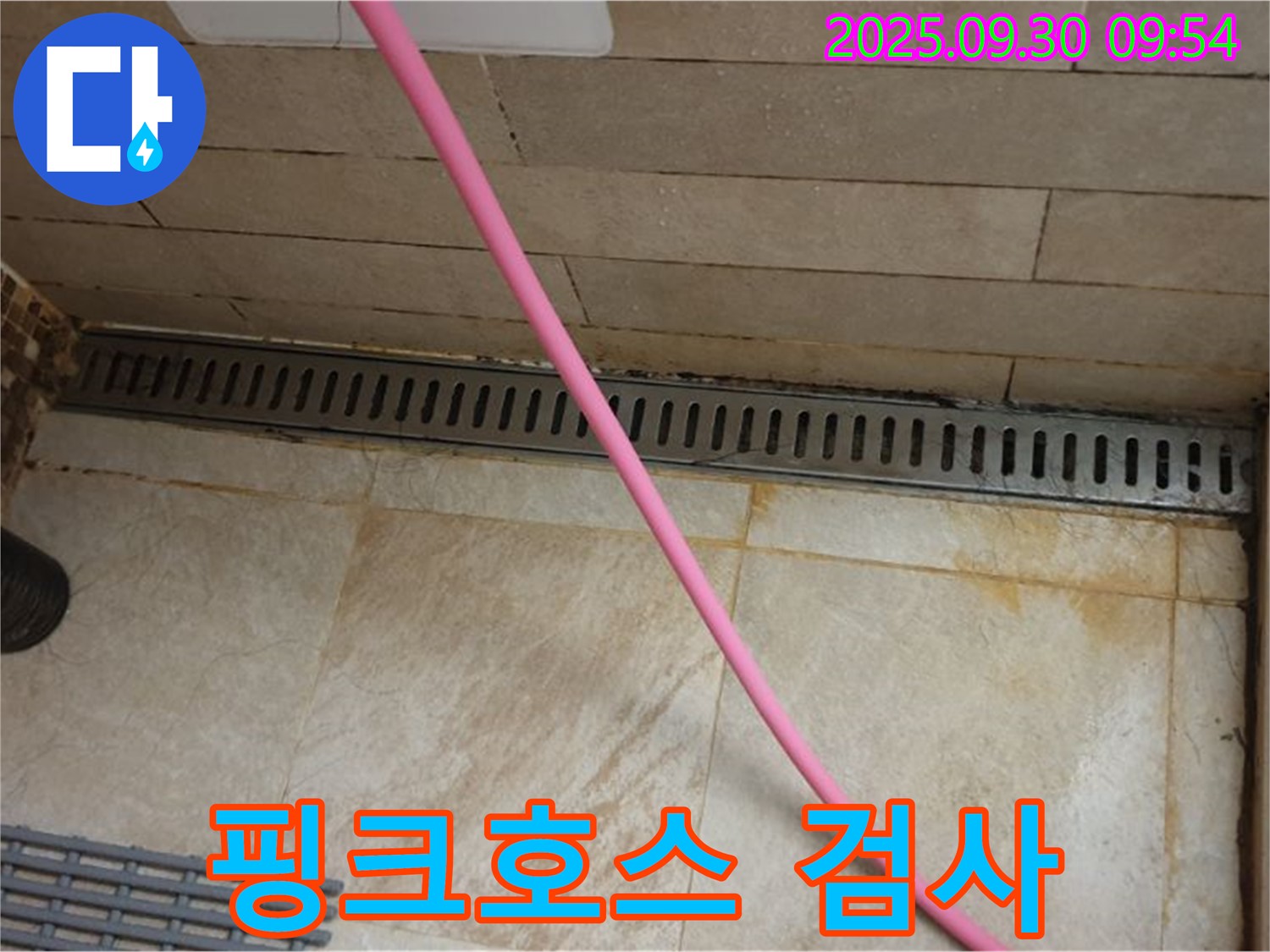 샤워실 트렌치 누수 - 핑크 호스를 사용하여 꼼꼼하게 누수 검사를 진행하고 있습니다.