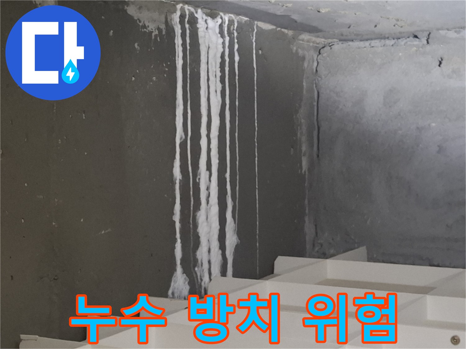 분당 아파트 계단 누수 - '하얀 곰팡이' 모양 누수 방치 시 건물 안전 위험을 경고하는 이미지.