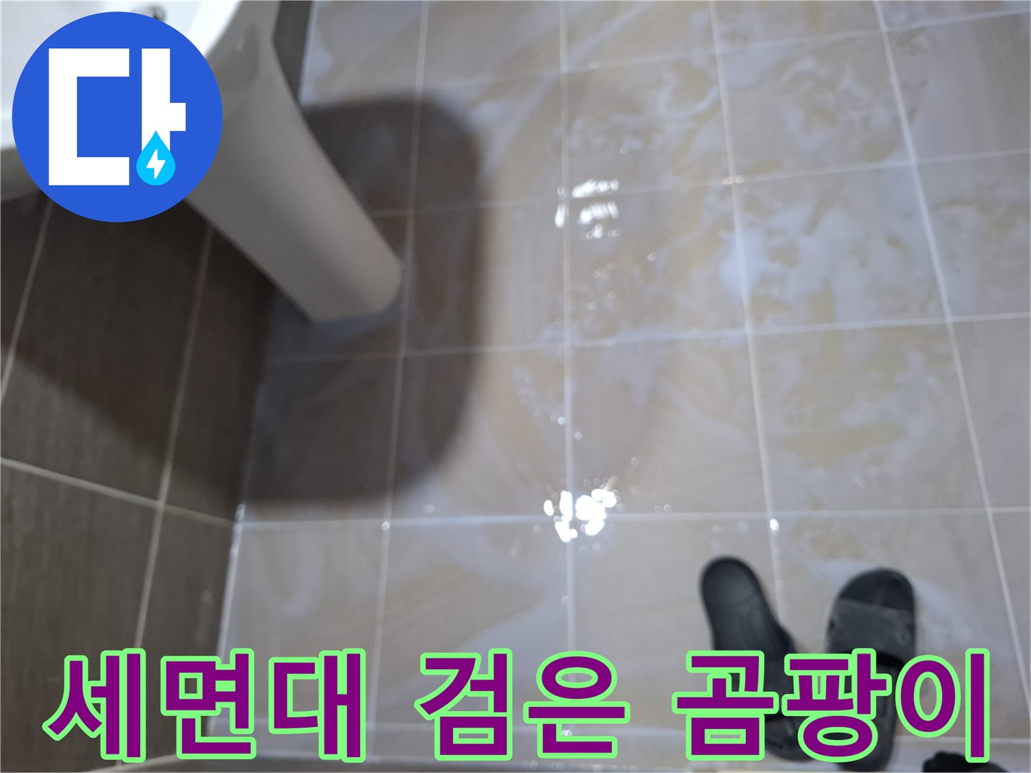 성남 봇들마을 세면대 누수 - 타일 틈새에 검은 곰팡이가 피어 있고 물기가 있는 누수
