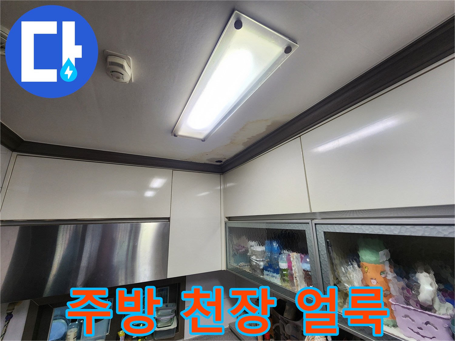 주방 천장 조명 주변의 누수 흔적과 곰팡이 발생 상태
