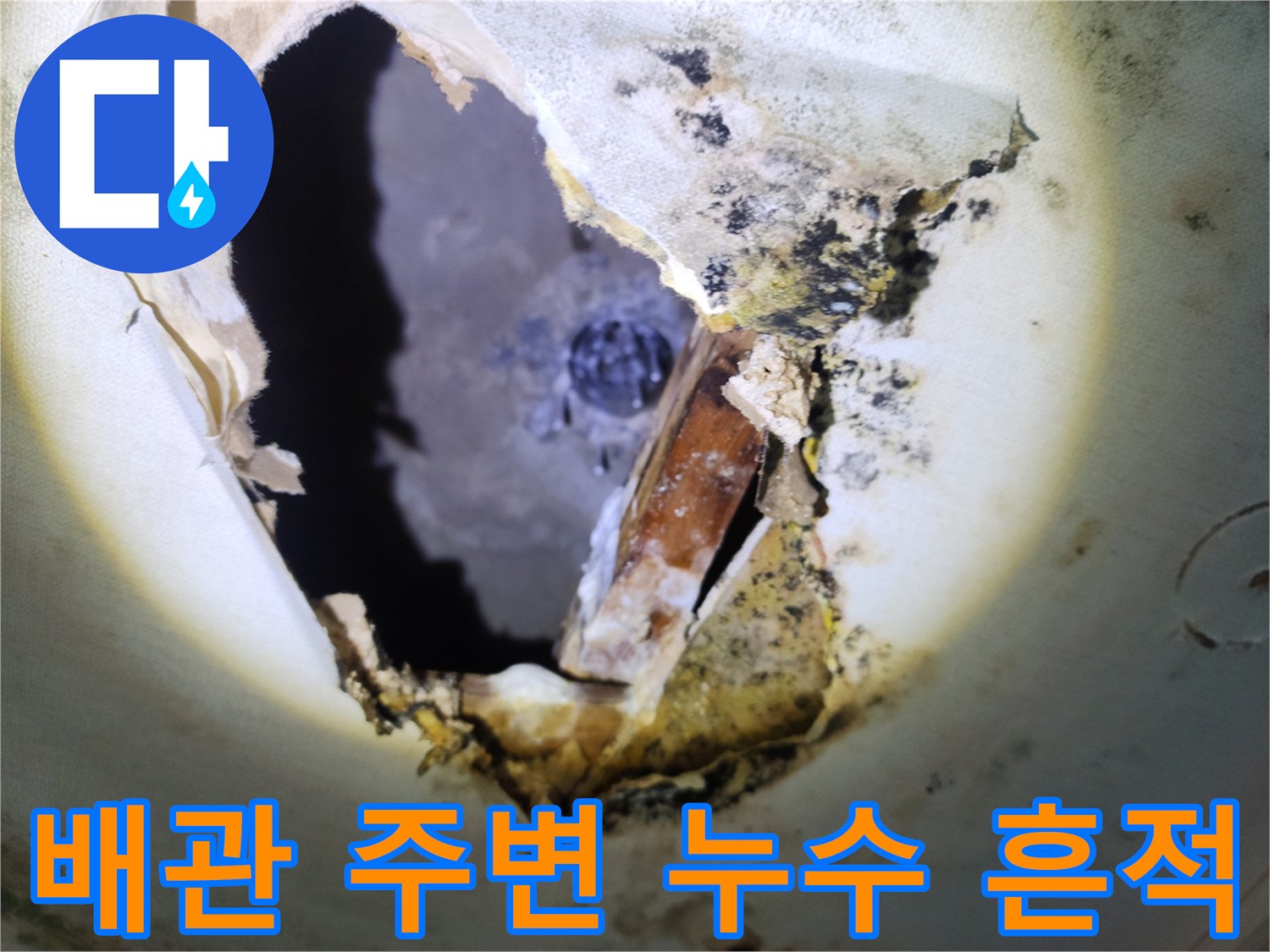천장 절개 후 드러난 젖은 마감재와 배관 주변 오염 상태