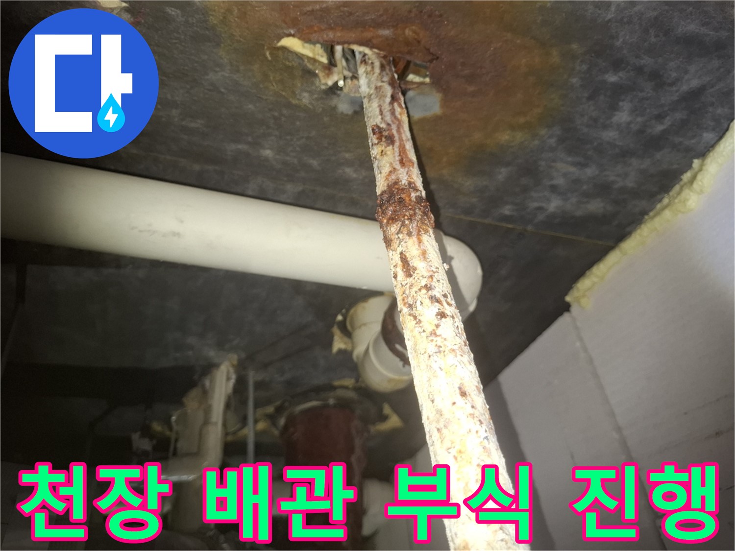 수원 신풍동 누수 현장에서 천장 배관의 부식 진행 상태를 확인하고 있습니다 - 부식은 누수의 전조 증상입니다.