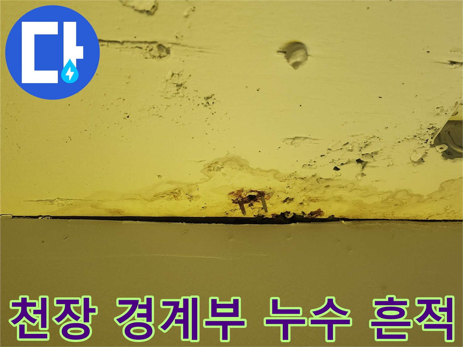 노란색 천장 패널의 물샘으로 인한 변색 및 오염된 부위