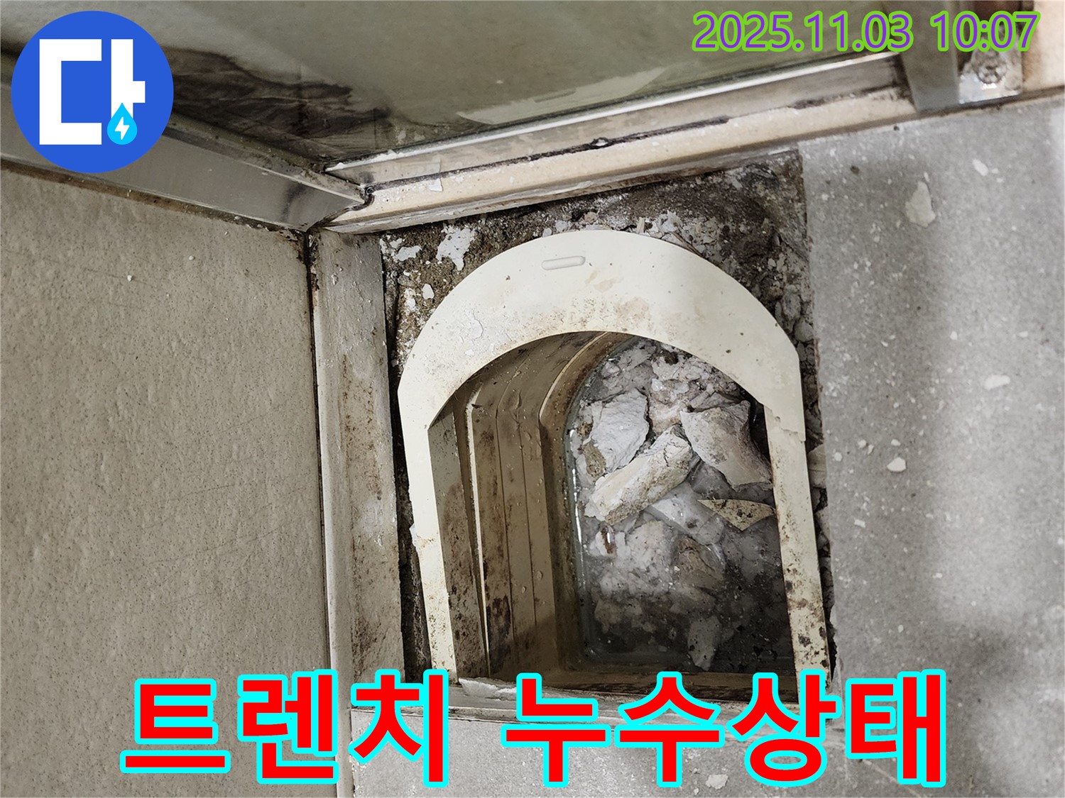 성동구 금호동 신금호파크자이 아파트 욕실 - 트렌치 배수구 주변 누수 상태를 꼼꼼하게 점검하고 있습니다.