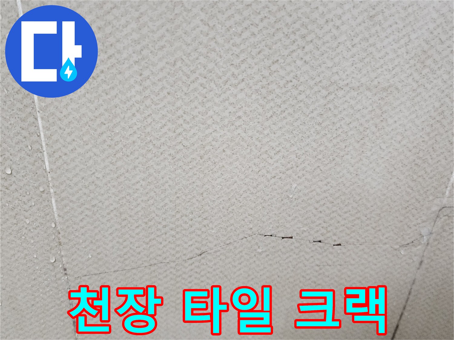 습기가 스며든 천장 타일의 갈라진 틈새 부위