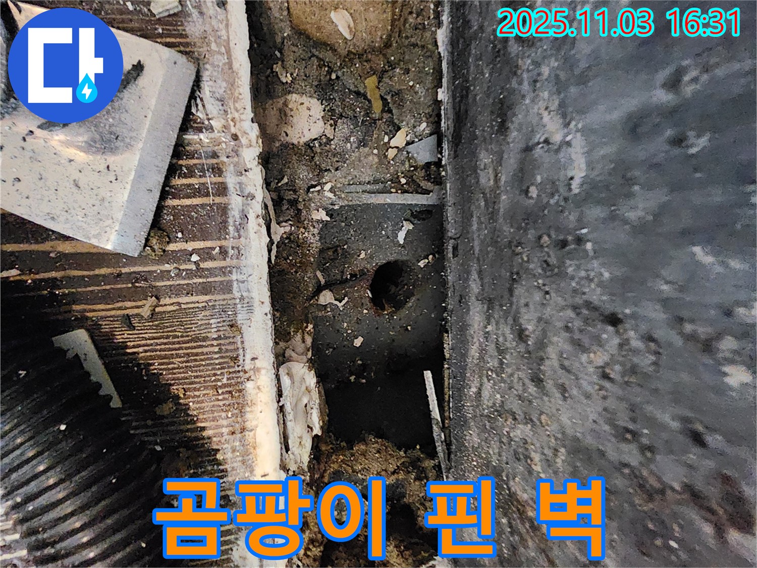 양주시 삼숭동 봉우마을 누수 현장 - 곰팡이가 핀 벽면을 확인하고 누수를 의심하고 있습니다.