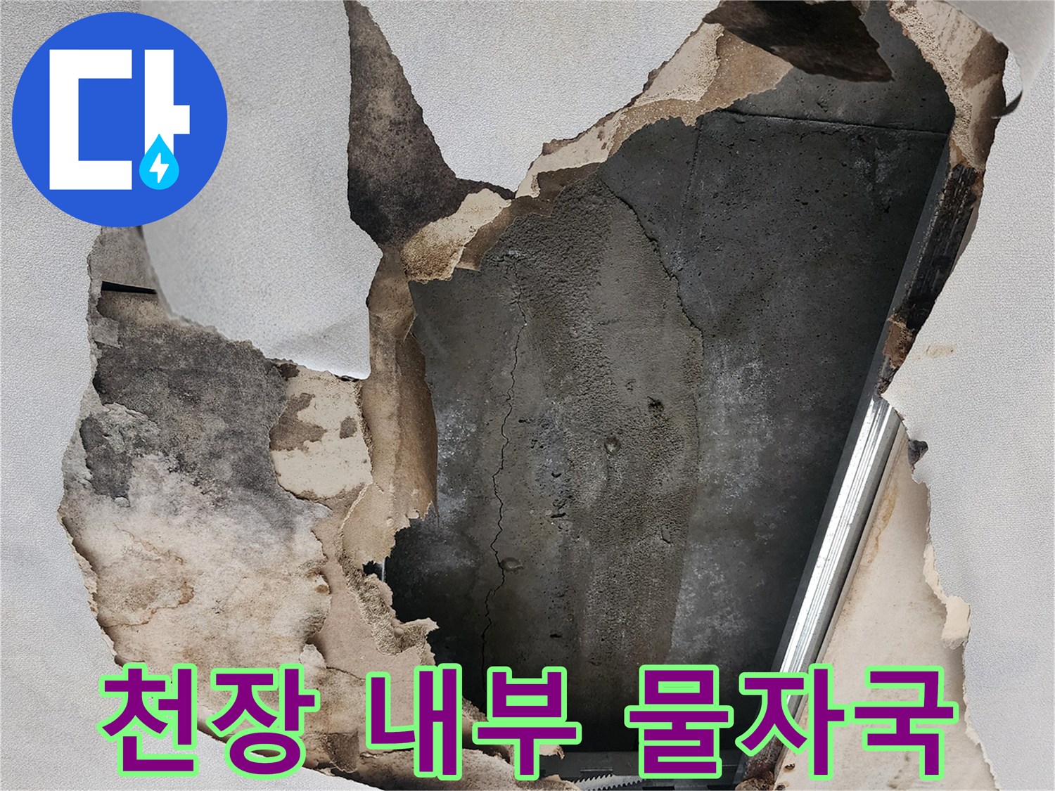 천장 마감재가 탈락되어 드러난 젖은 콘크리트 표면