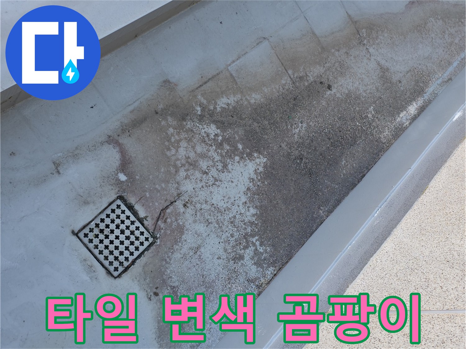 독산동 베란다 배수구 주변 타일 변색 및 곰팡이 - 누수의 심각성을 나타내는 증거입니다.