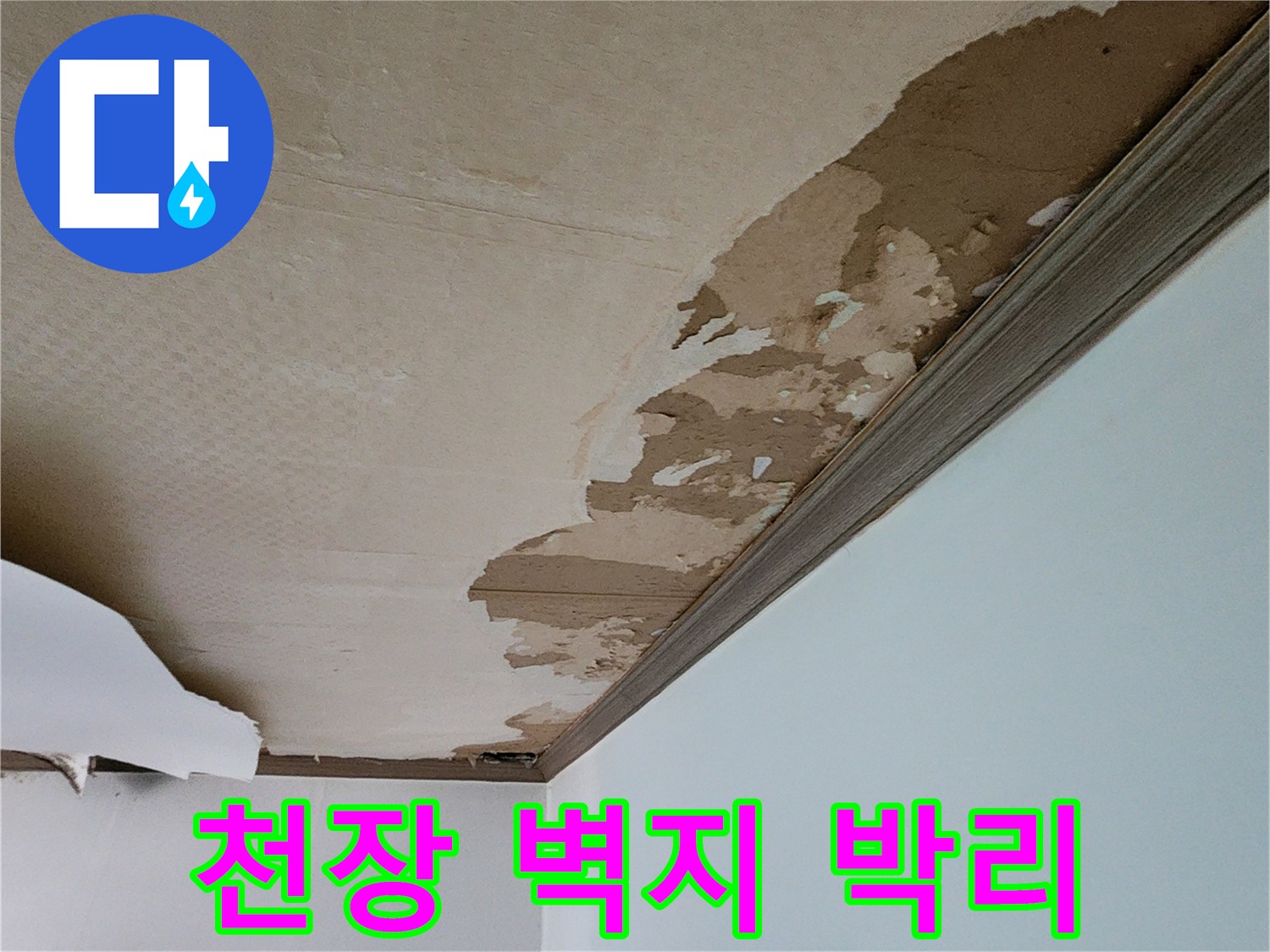 물에 젖어 층이 생긴 천장 도배지 경계면 사진