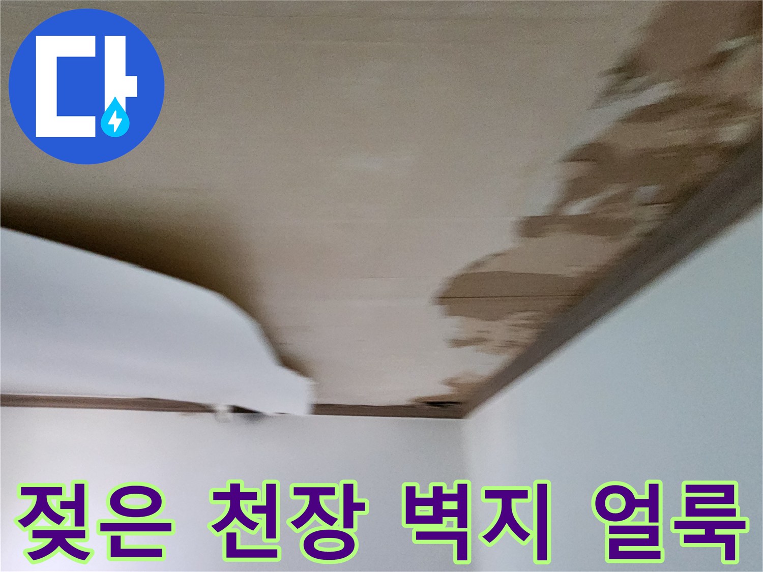 천장 구석 부위의 짙은 변색과 젖어 있는 벽지 모습