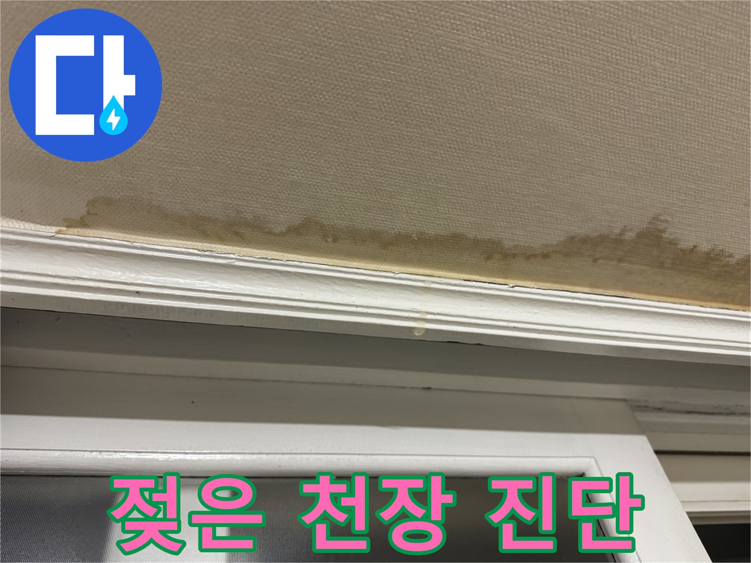 물이 스며든 천장 - 긴급한 누수 상황을 보여주며 - 빠른 진단이 필요함을 강조합니다.