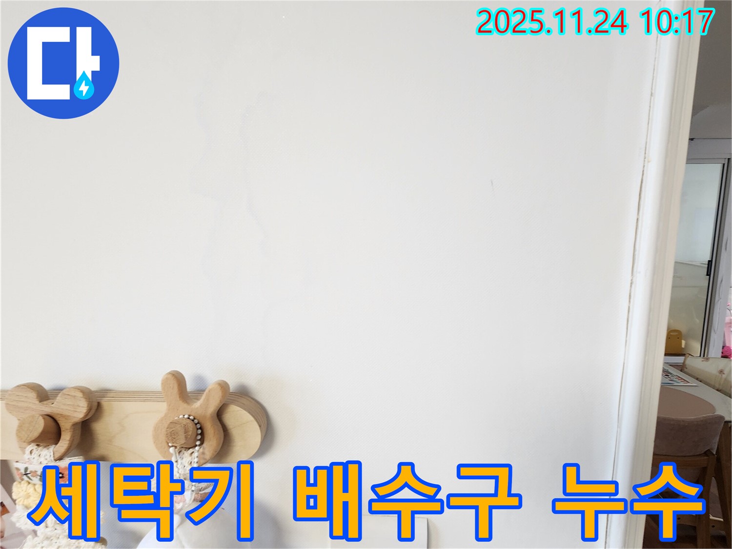 세탁기 배수구에서 물이 새는 사진 - 가산면에서 누수탐지 전문 업체가 세탁기 배수구 누수를 찾아 해결하는 과정을 보여줍니다.