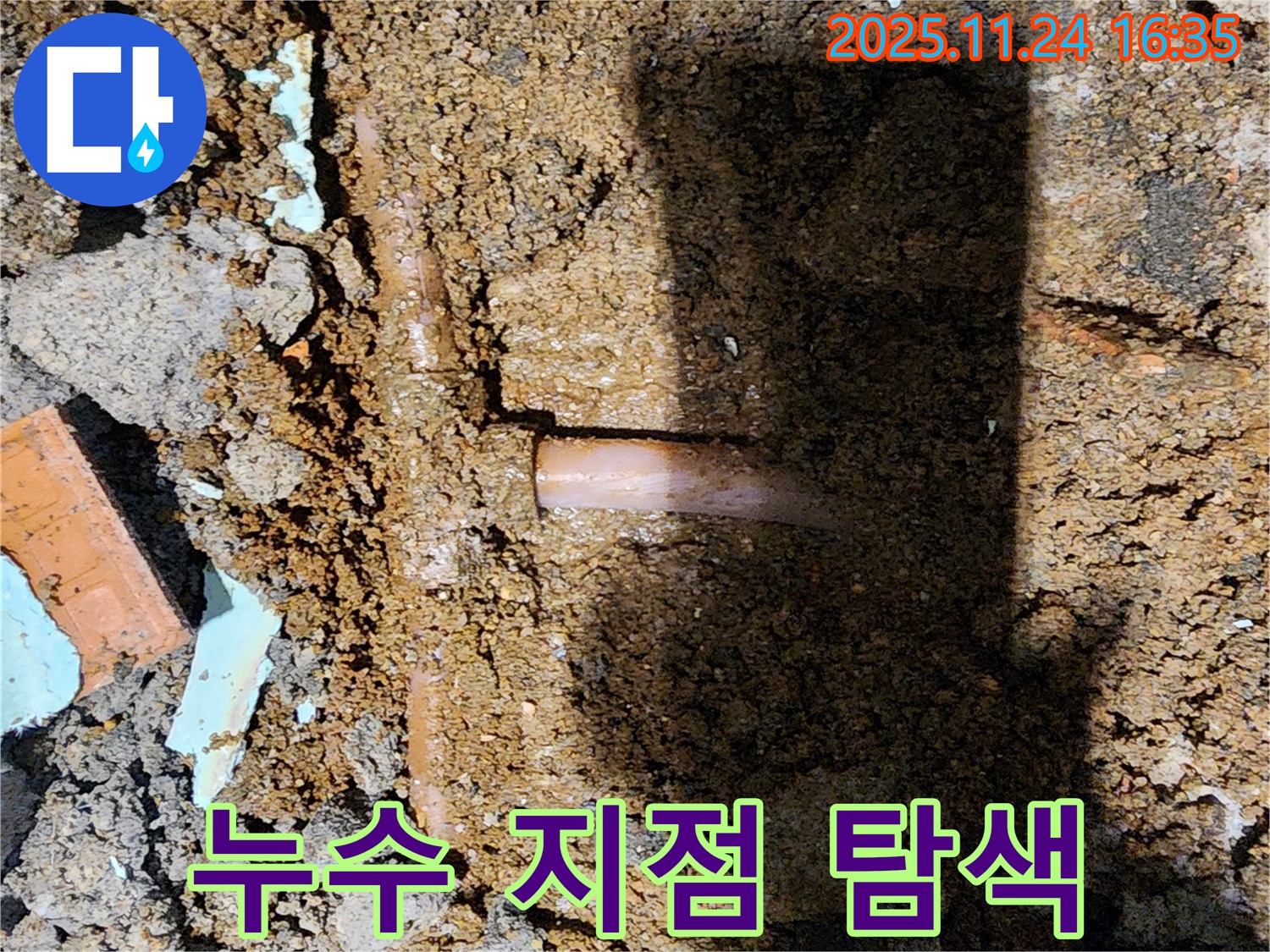 포천시 신북면 가채리 누수 현장 - 누수 지점을 찾기 위해 주변을 꼼꼼하게 탐색하는 모습입니다.
