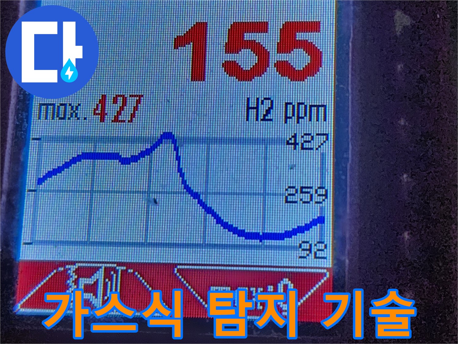 누수탐지 장비 - 수소 가스 농도 변화를 보여주는 화면입니다. 작은 누수도 놓치지 않고 찾아냅니다.