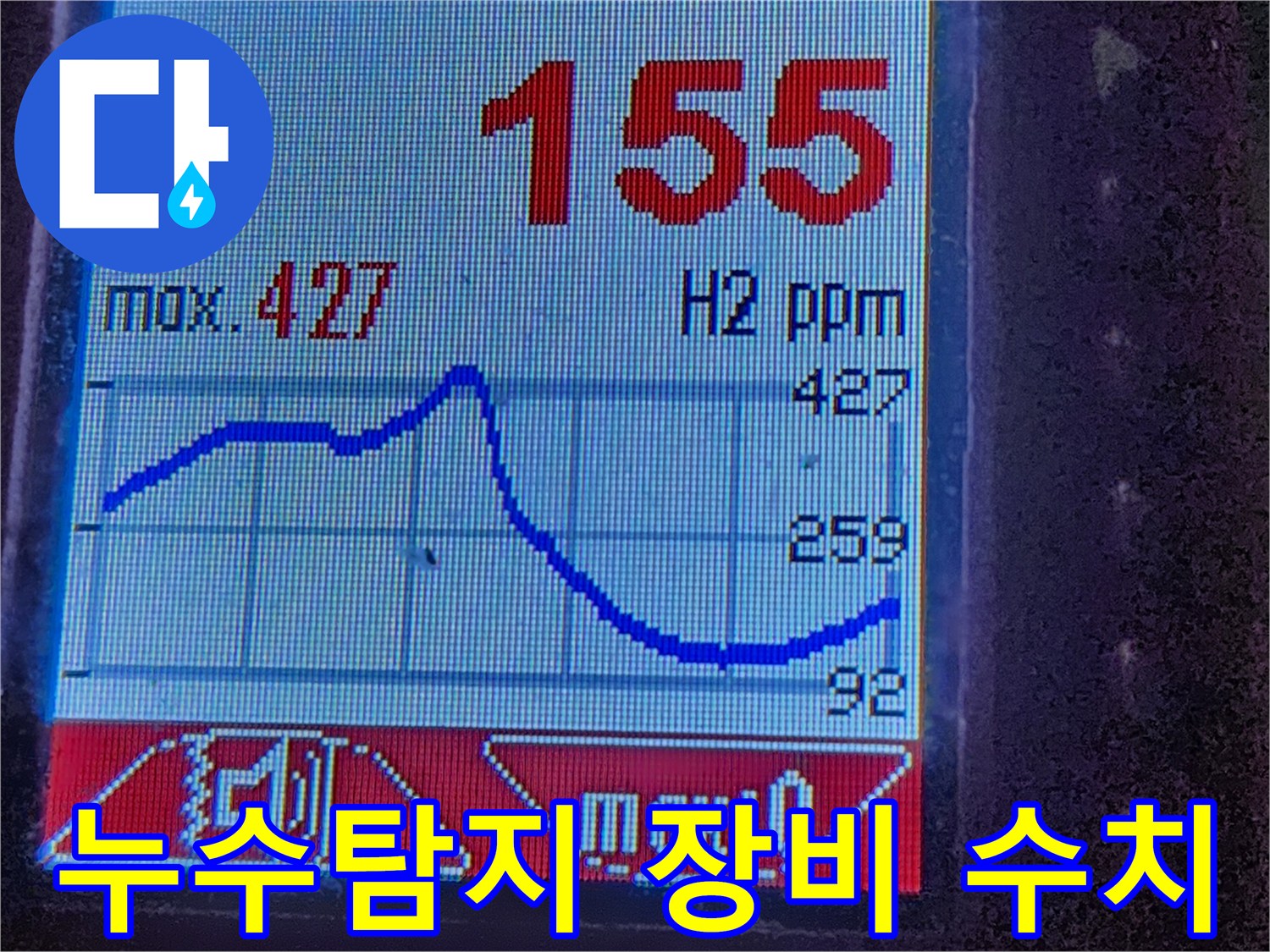 광진구 누수탐지 현장에서 누수 위치를 정확하게 파악하기 위해 사용된 첨단 장비 - 수소 가스 탐지기의 수치를 보여줍니다.