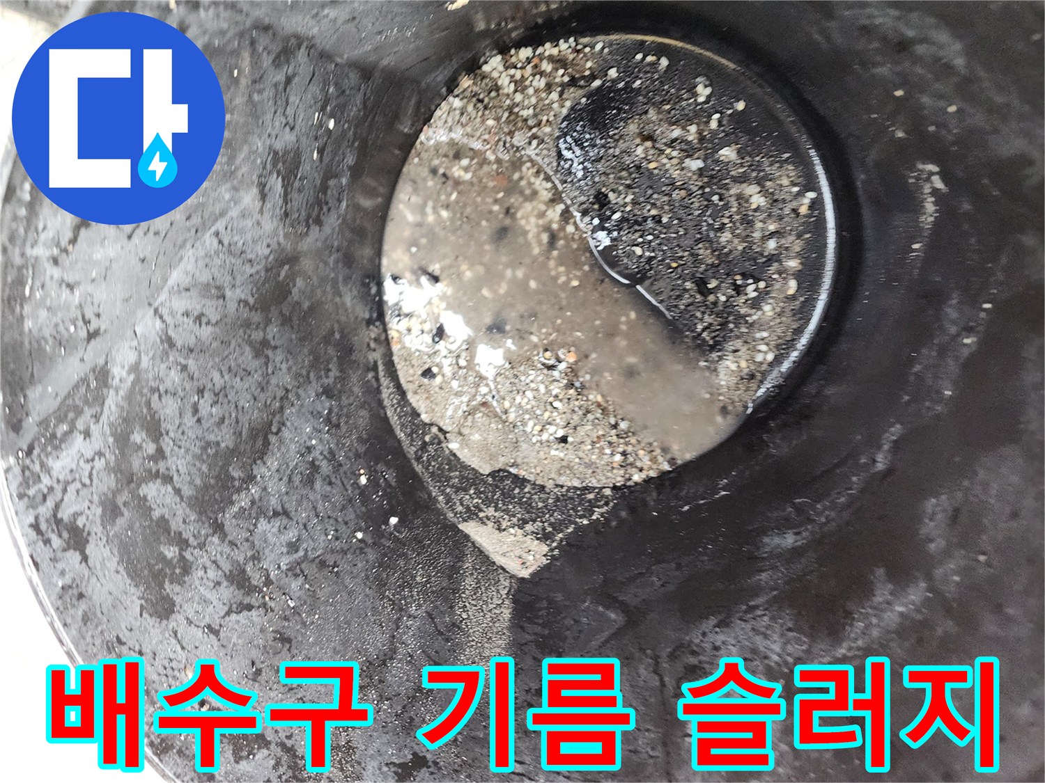 식당 주방 배수구에서 수거된 검은색 기름 슬러지와 오물 상태
