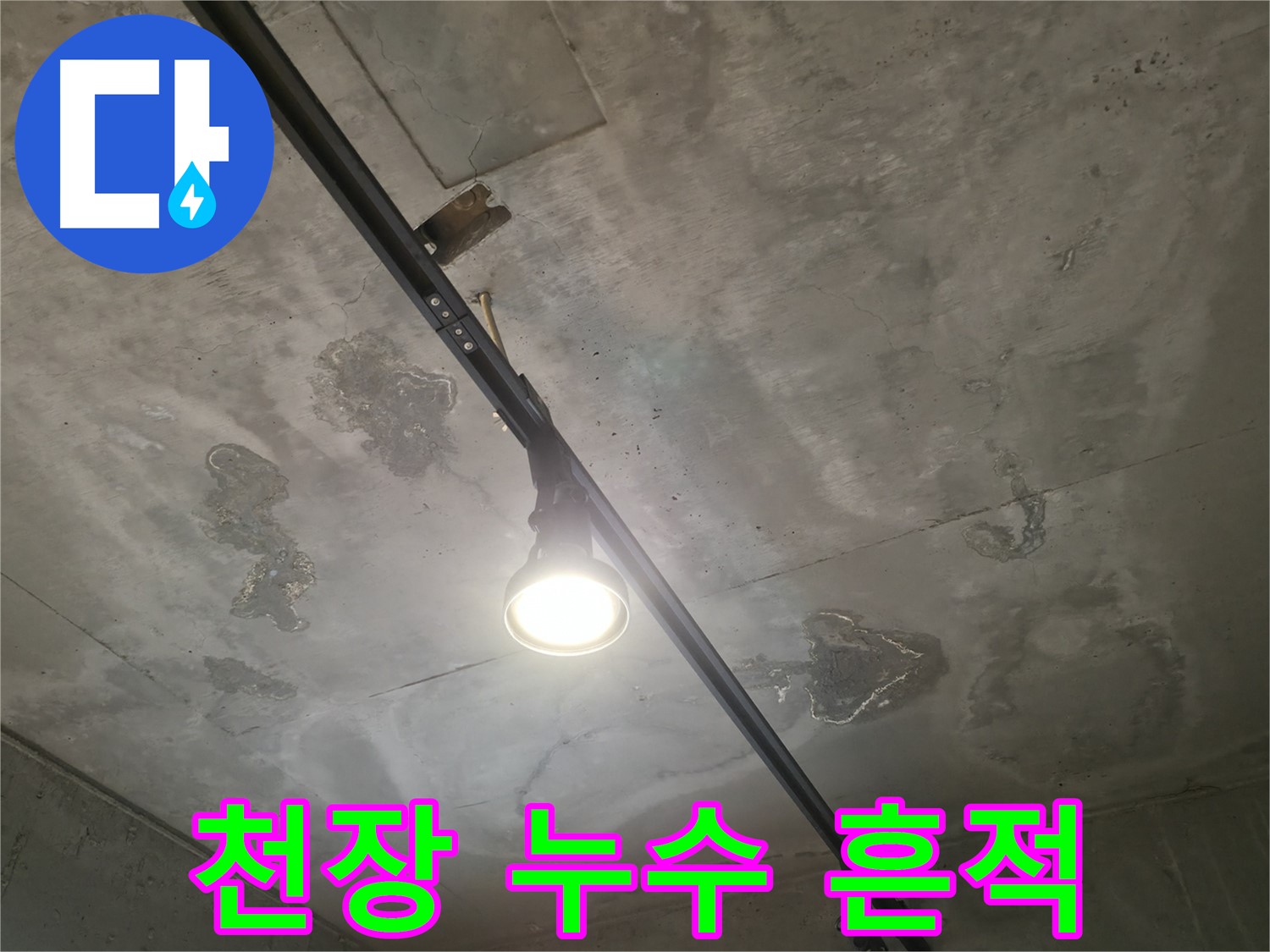 수원 곡반정동 누수 현장 - 콘크리트 천장에 남은 누수 흔적을 통해 누수 원인을 파악하고 있습니다.