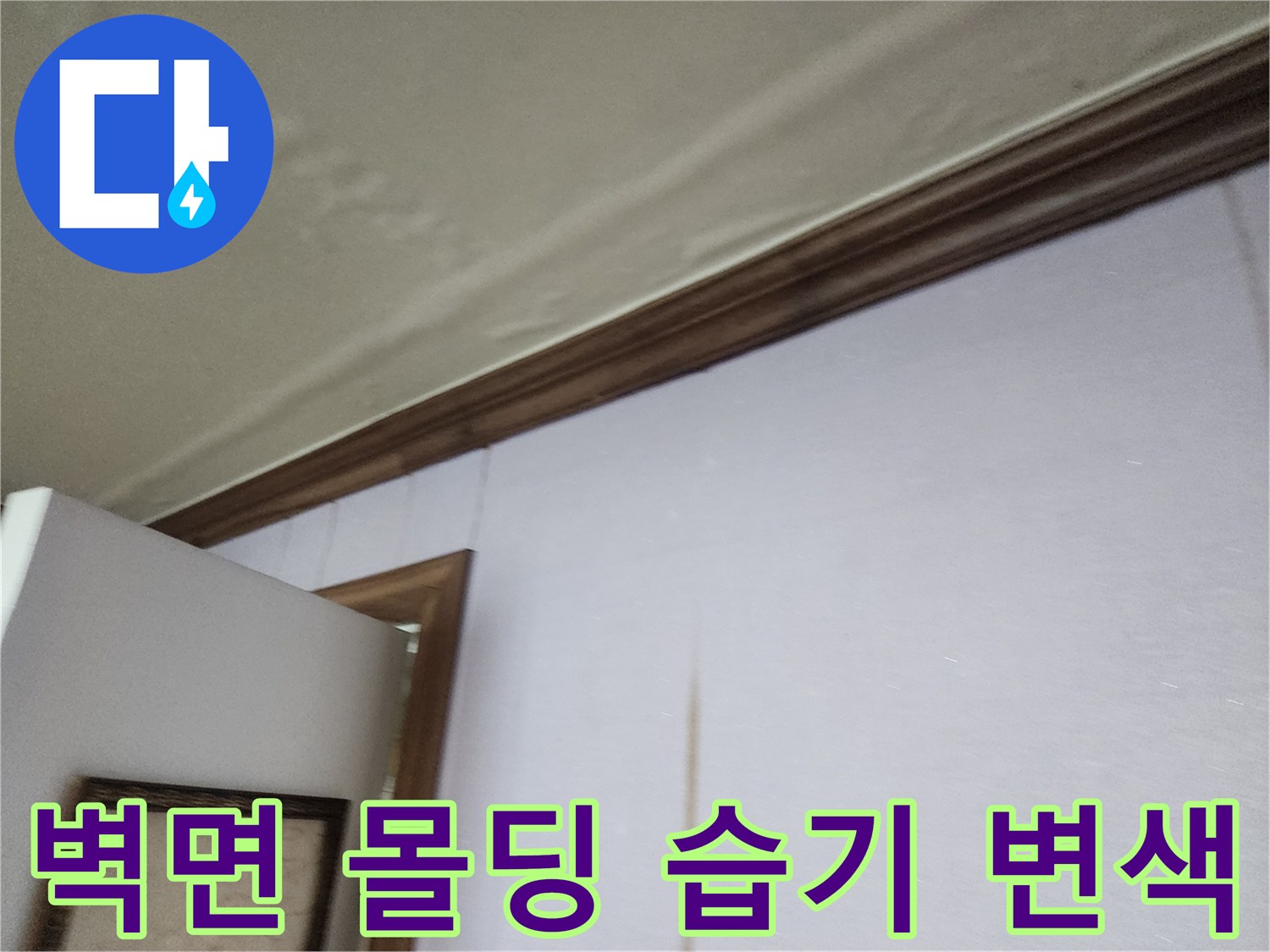 거실 천장 몰딩 하단에 나타난 젖은 얼룩과 벽지 변색 현상