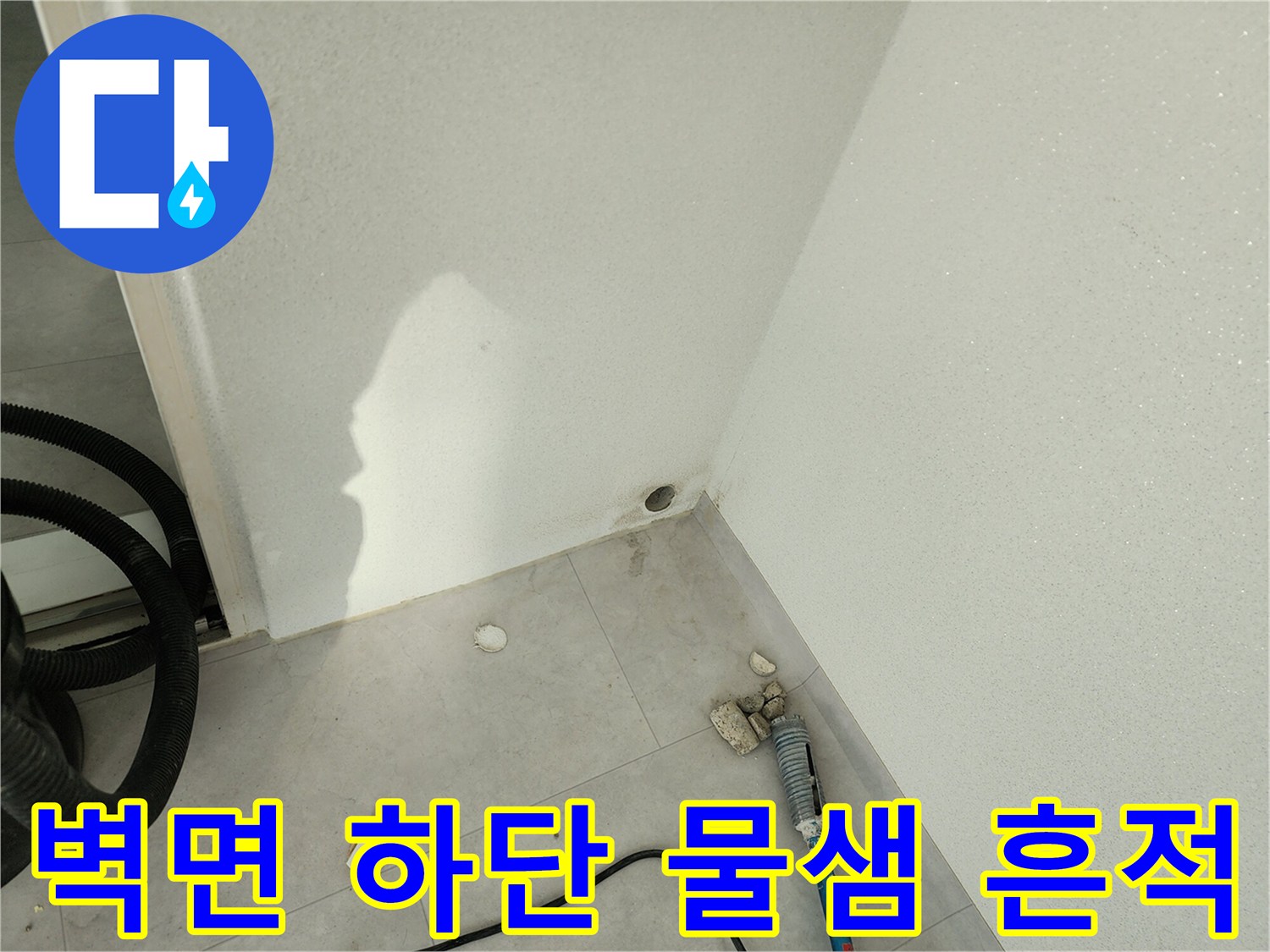 세탁실 벽체 하단부의 젖은 자국과 타일 사이 습기 상태