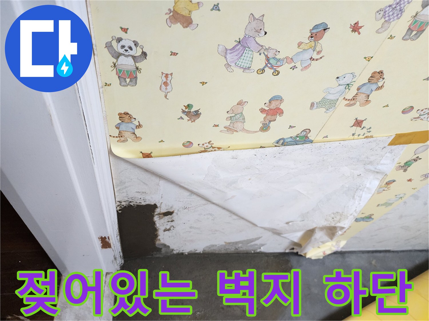 문틀 주변의 젖은 벽지와 벗겨진 벽지 상태를 보여주는 사진