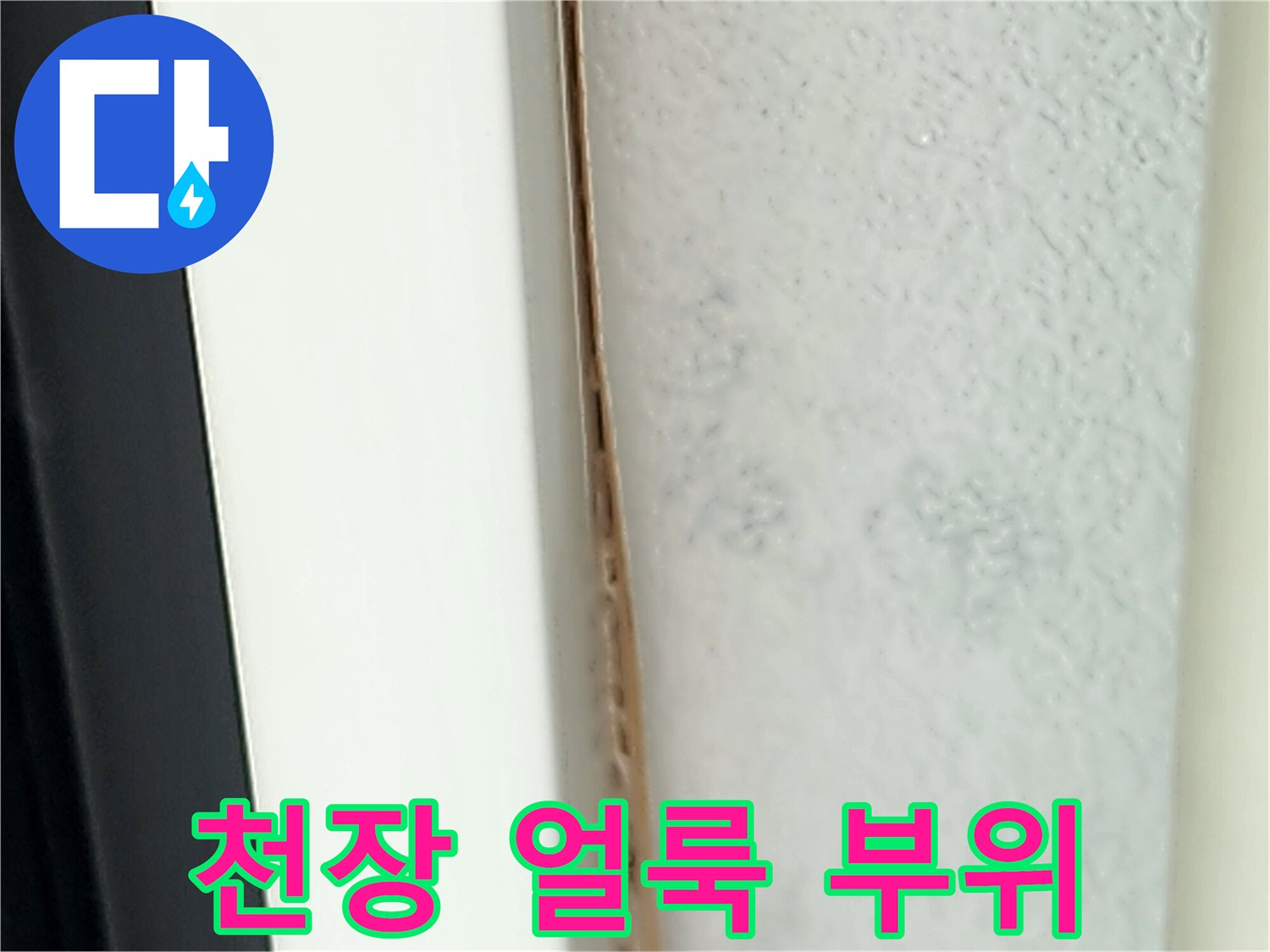 습기로 인해 어둡게 변한 천장 벽면의 누수 지점