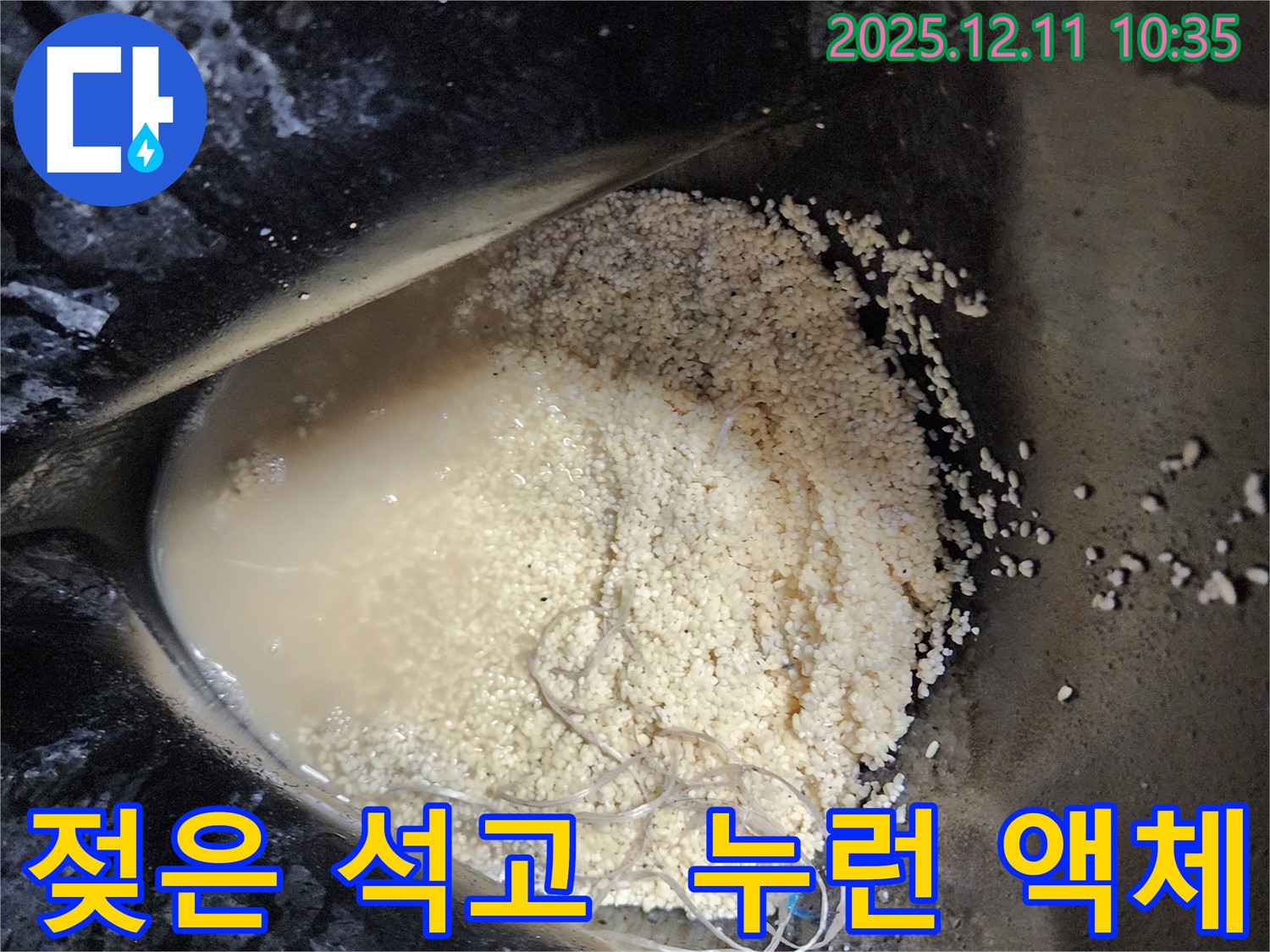 남궁리 누수 현장 - 젖은 석고 가루와 누런 액체가 함께 발견되어 오래된 배관 누수가 의심됩니다.