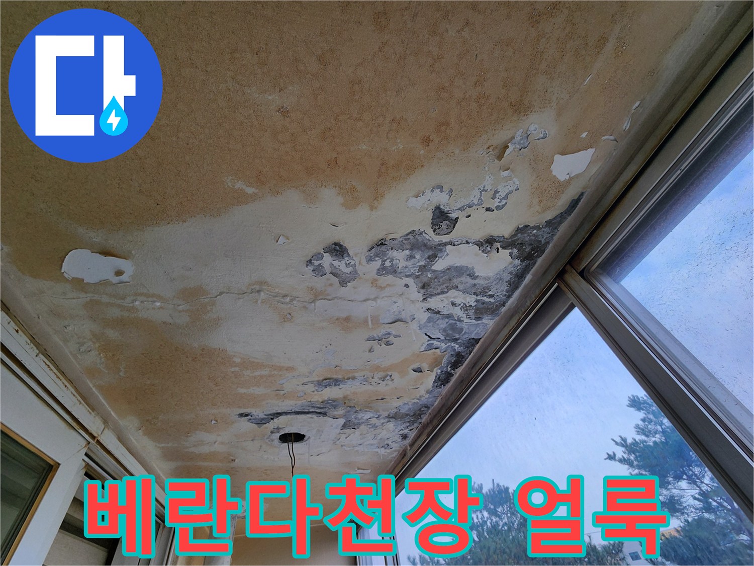 습기가 침투하여 변색된-베란다 천장의 오염 부위