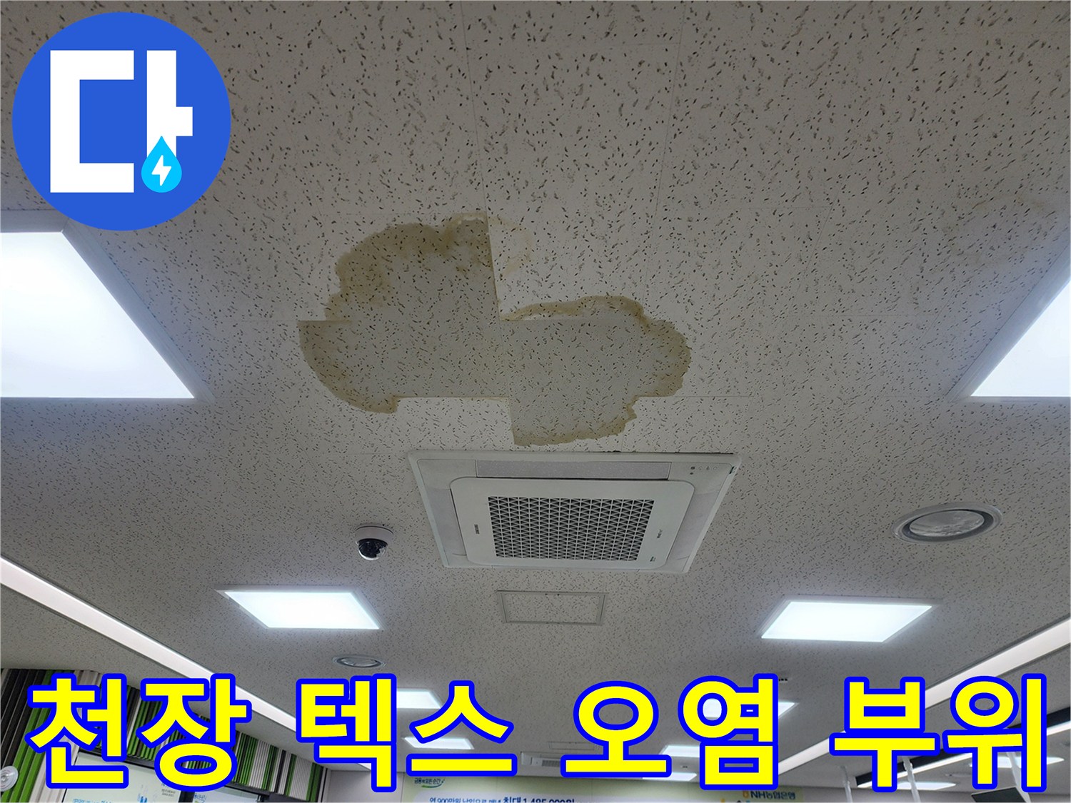 천장 텍스 중앙에 발생한 누수 침투 흔적 및 변색 부위