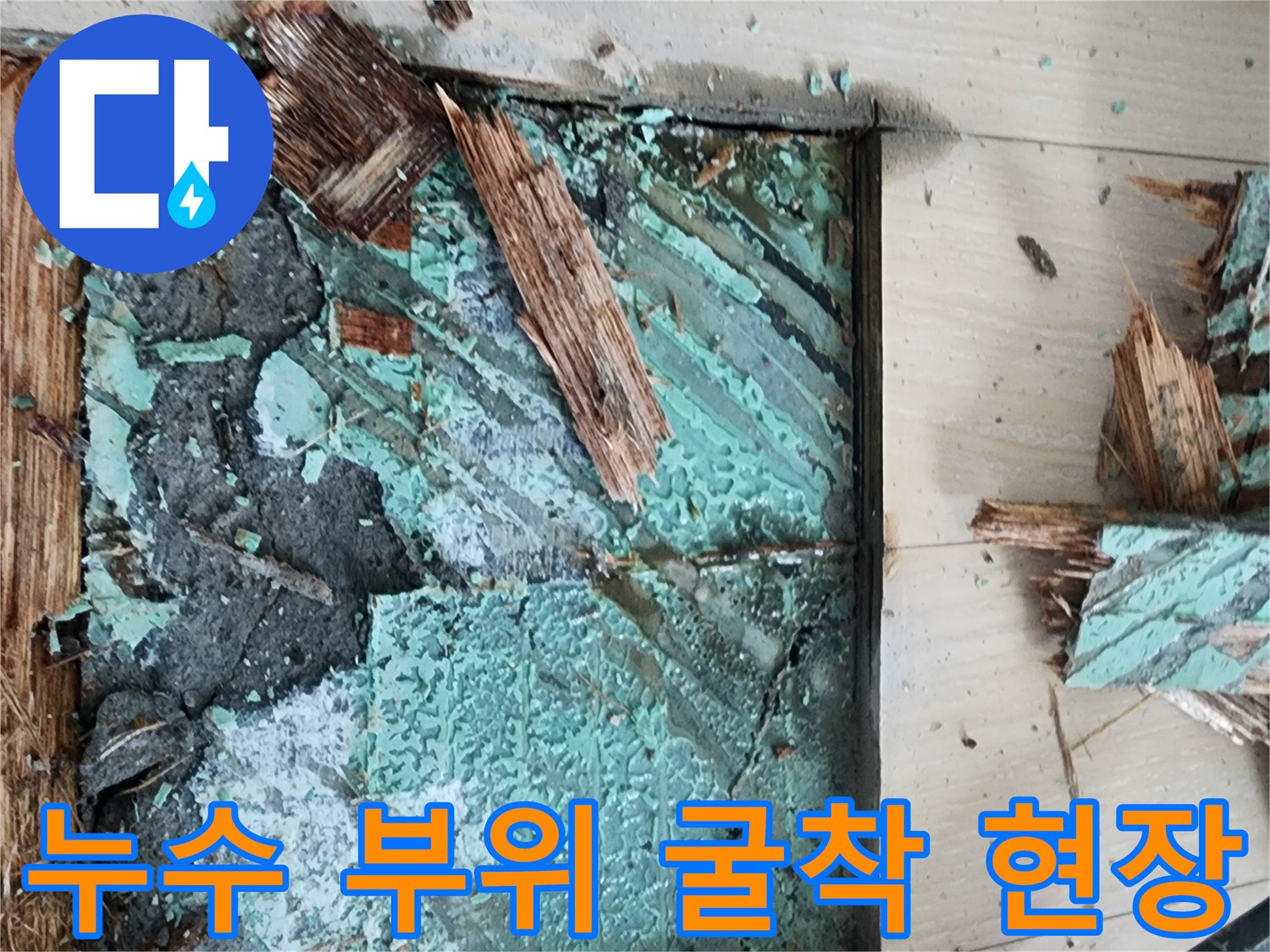 안산 고잔동 아파트 누수 지점의 젖은 바닥과 마루 조각