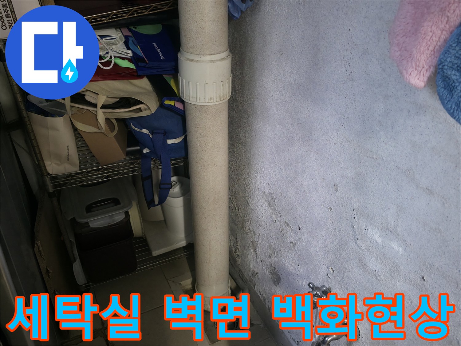성동구 세탁실 벽면에 발생한 하얀색 백화 현상과 물 얼룩 사진