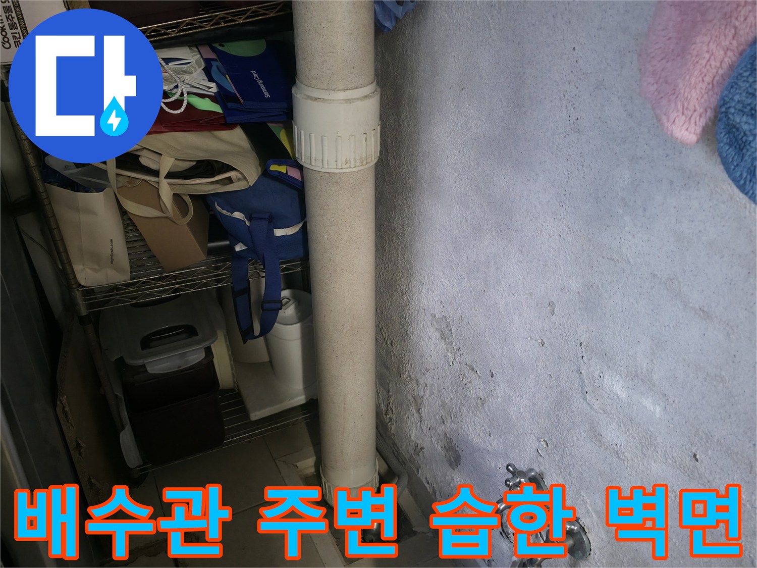세탁실 배수관 주변의 젖은 벽면과 백화 현상 상세 사진