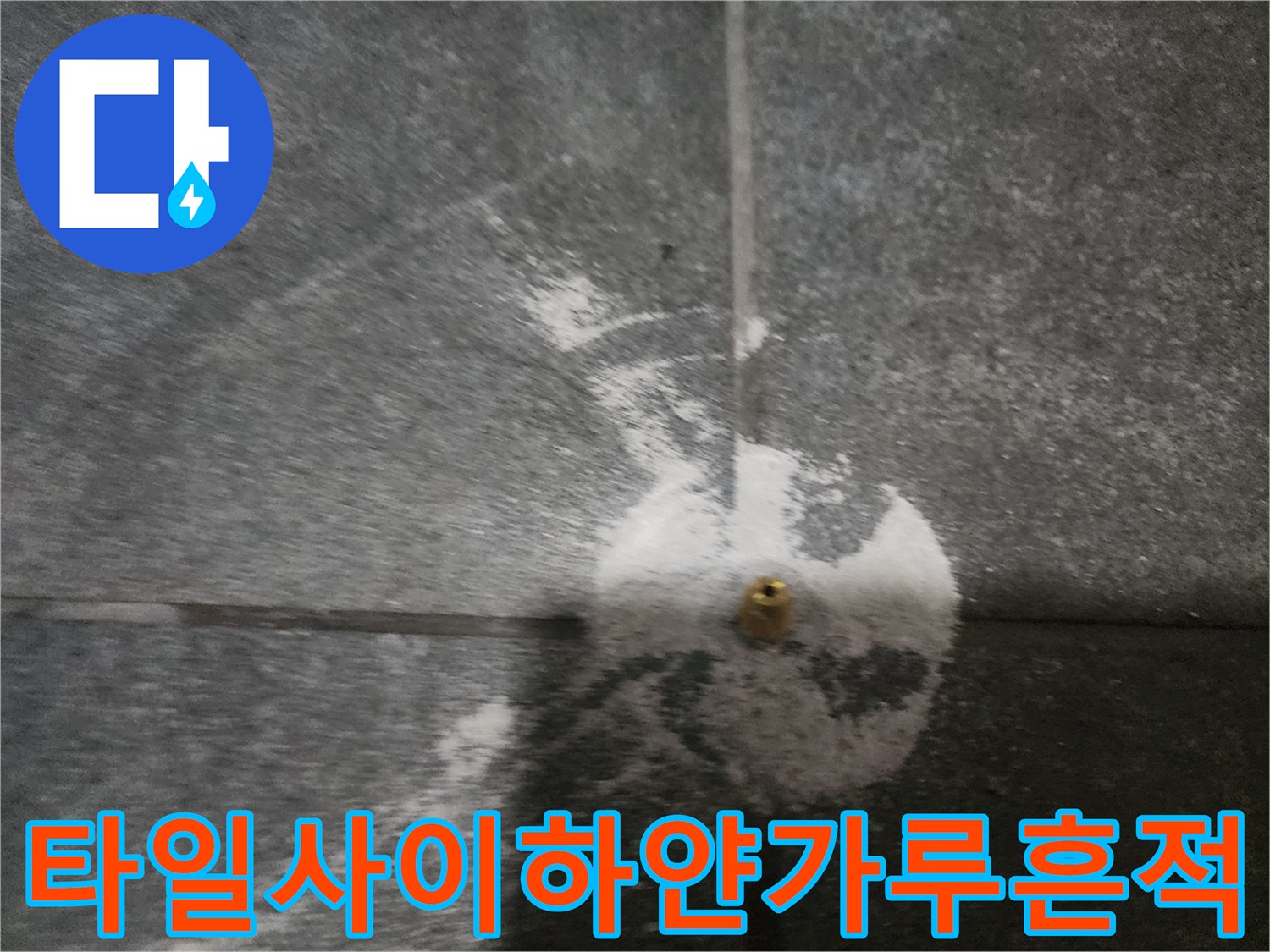 배수구 주변의 젖은 듯한 타일과 하얀 백시멘트 잔해 사진입니다.