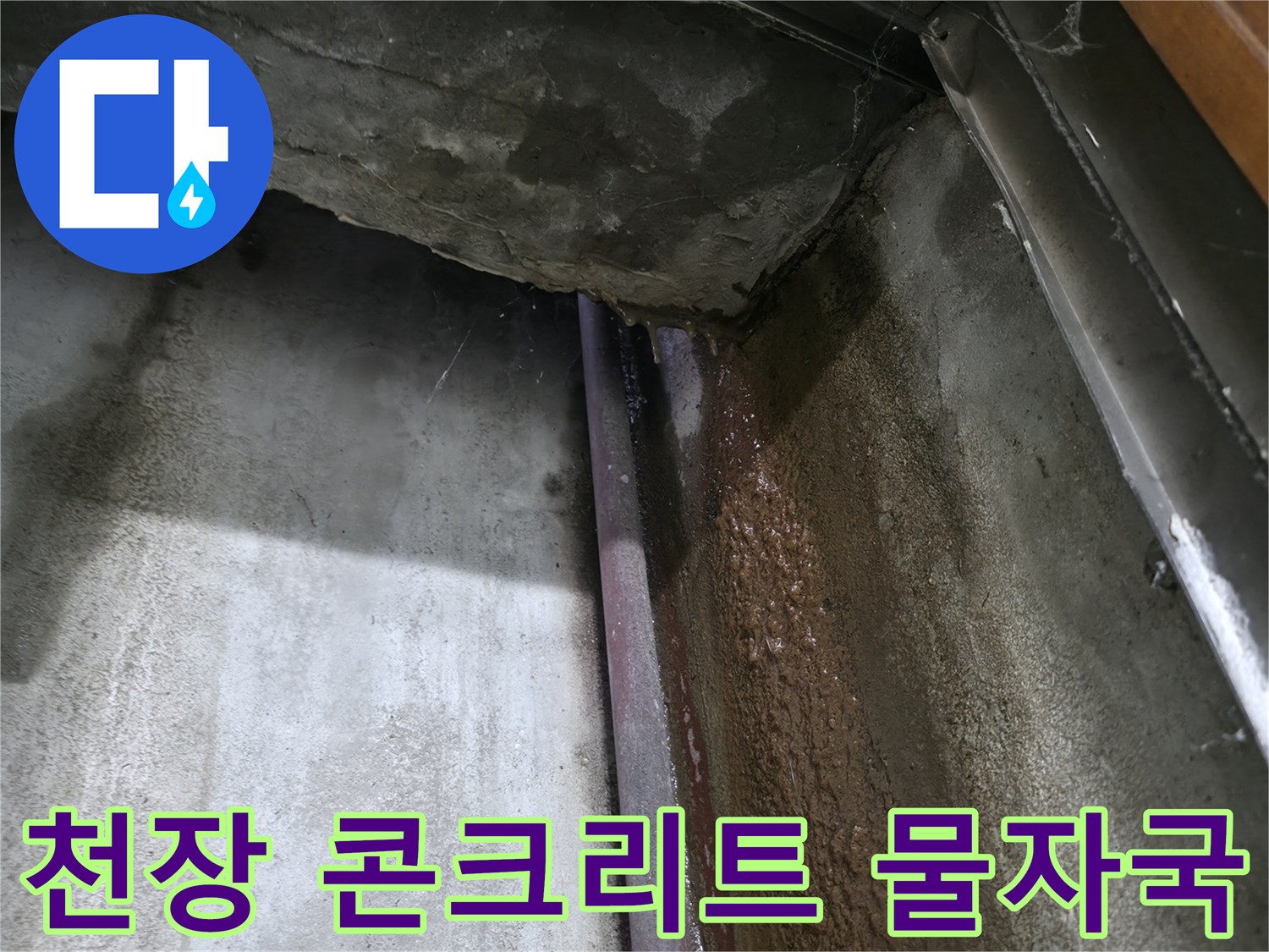 지하 천장부-콘크리트 틈새와 벽면의 누수 흔적 상세 사진