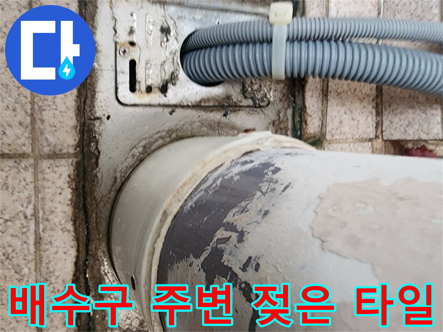 욕실 배수구 하부-습기로 인해 변색된 타일 마감 부위