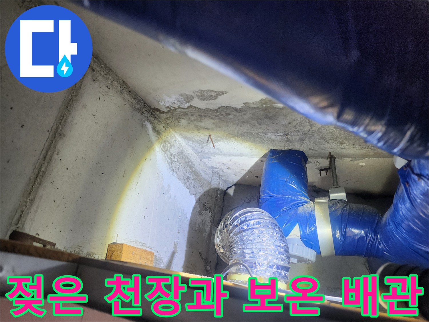 천장 콘크리트의 젖은 얼룩과 파란색 배관 연결 부위